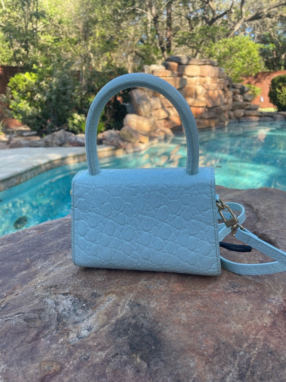 BY FAR Light Blue Croc-Embossed Mini Top-Handle Bag with Crossbody Strap (CdlG) - Picture 3 of 12